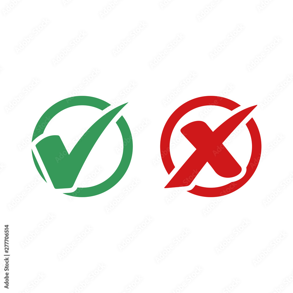 Leinwandbilder green check mark and red cross icon symbol template black color editable vector sign isolated on whi