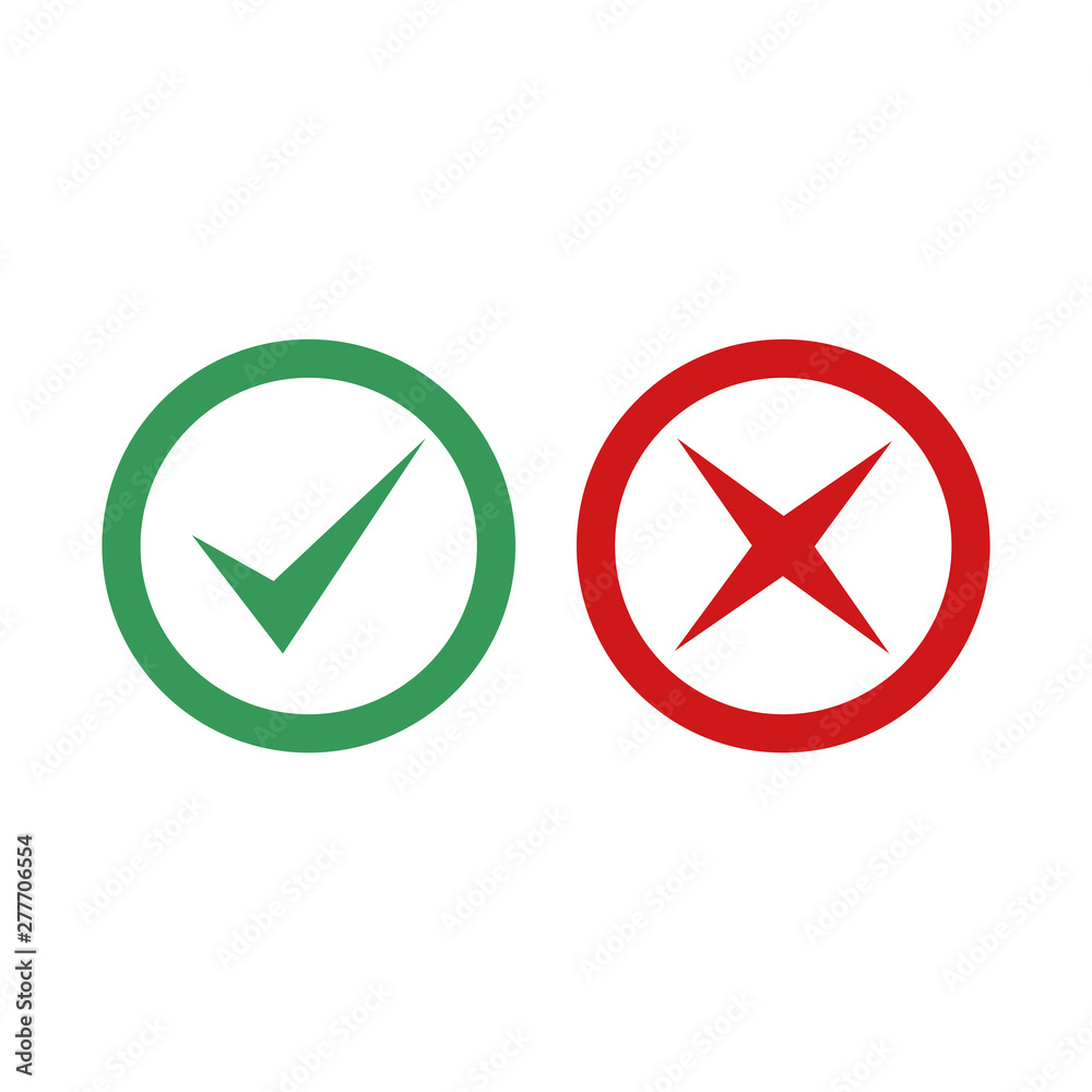Fototapete Green check mark and red cross icon symbol template black color editable vector sign isolated on white background illustration for graphic and web design.