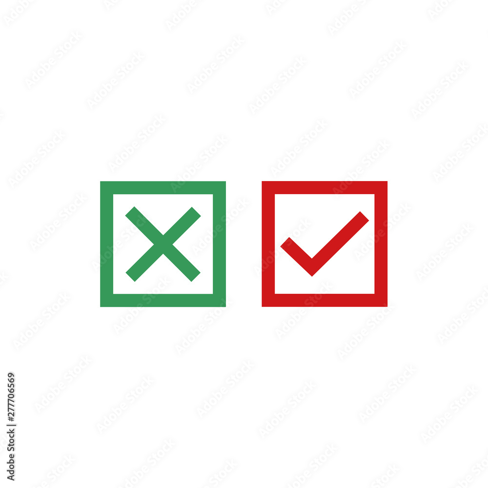 Fototapete green check mark and red cross icon symbol template black color editable vector sign isolated on whi