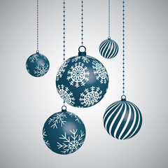 Transparent and Blue Christmas ball with snow effect set. Xmas glass ball on white background. Holiday decoration template. 
