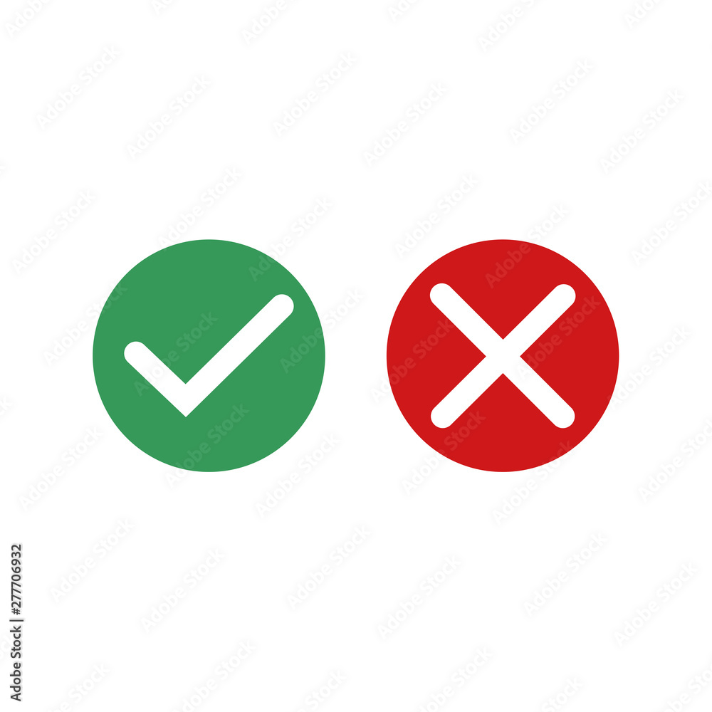Leinwandbilder Green check mark and red cross icon symbol template black color editable vector sign isolated on white background illustration for graphic and web design.