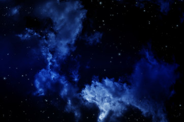 Night sky with clouds. Universe filled with stars, nebula and galaxy