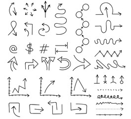 Cartoon pictures set of different hand drawn arrows. Mixed style white and black flat icons. Vector illustration. White background.