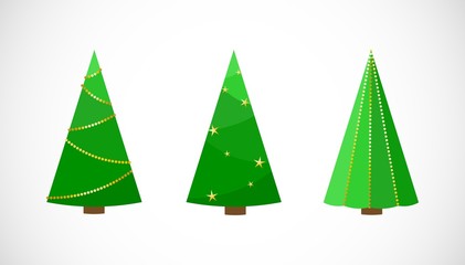 Vector Set of festive flat illustration of Christmas trees. Collection of Xmas three icons for design, web, cards, invitation, party, flyer, print. Cute vector winter illustration isolated on white.