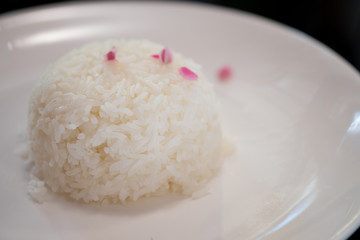 Steamed rice on a white plate