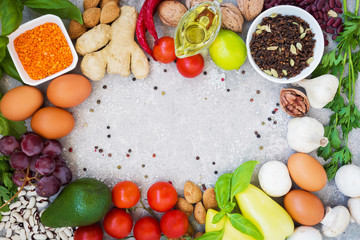 Healthy nutrition concept. Balanced healthy organic diet food. Fresh vegetables, fruit, beans, meat, fish, dairy products. Space for text. Top view. Cooking ingredients.  Clear eating. Copy space.