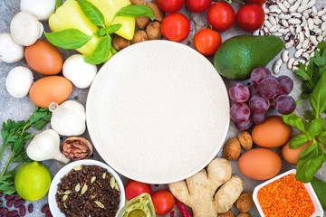 Healthy nutrition concept. Balanced healthy organic diet food. Fresh vegetables, fruit, beans, meat, fish, dairy products. Space for text. Top view. Cooking ingredients.  Clear eating. Copy space.