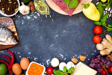 Healthy nutrition concept. Balanced healthy organic diet food. Fresh vegetables, fruit, beans, meat, fish, dairy products. Space for text. Top view. Cooking ingredients.  Clear eating. Copy space.