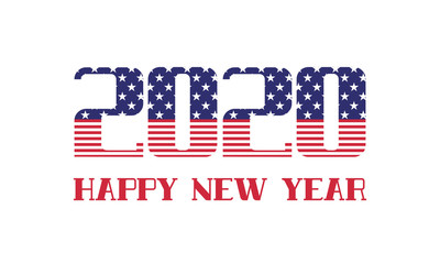 2020 Happy New Year. Vector greeting card with USA flag. Double exposure in numbers