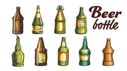 Hand Drawn Blank Closed Beer Bottle Set Vector. Collection Of Different Ink Design Sketch Engrave Bottle Of Alcoholic Barley Drink. Color Glass Container Template Illustration