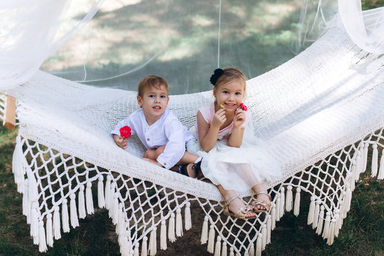 Cute little sister and brother having fun together in hammock in green summer garden, hugging and smiling. Happiness, childhood, summer time concept