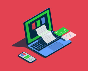 Isometric illustration with laptop and phone on the theme of digital bill