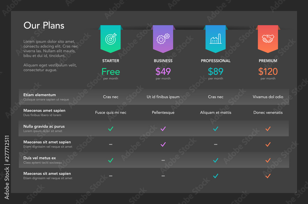 Leinwandbilder Modern pricing comparison table with four subscription plans and place for description - dark version. Flat infographic design template for website or presentation.
