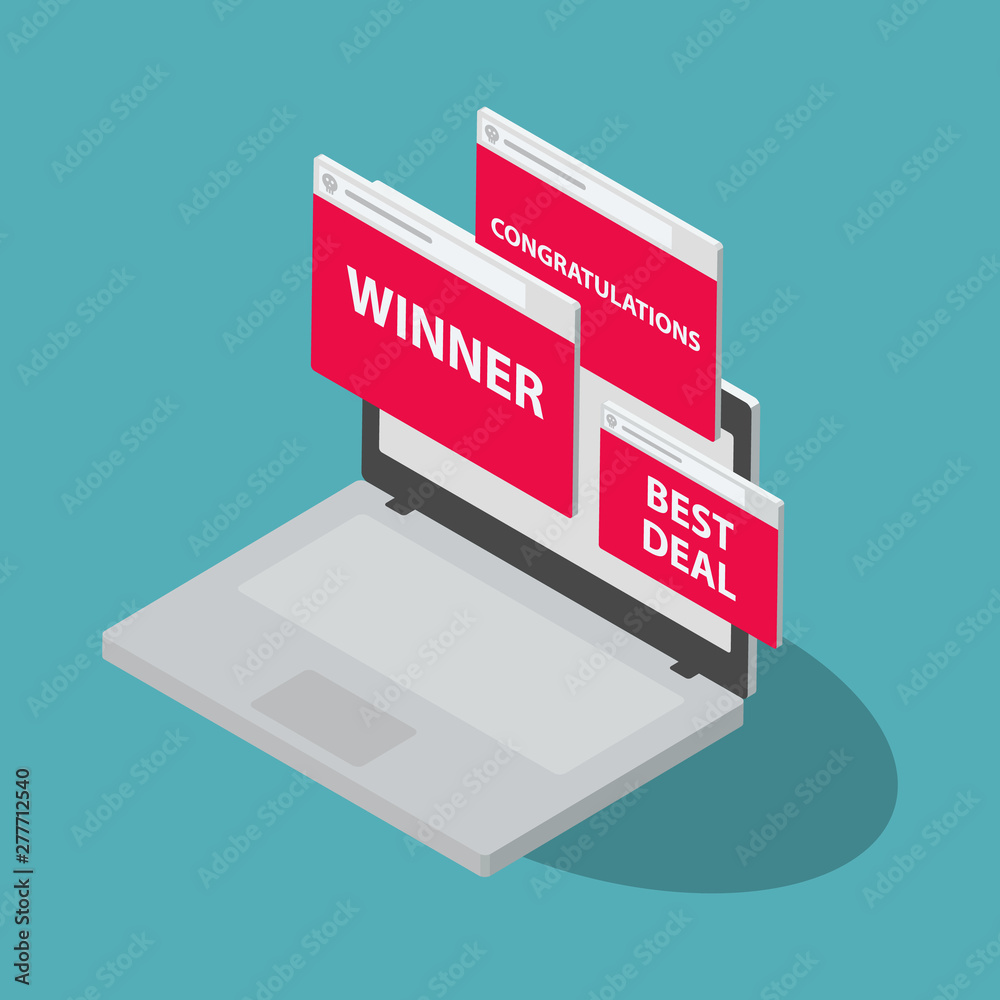 Aufkleber adware internet cyber attack symbol with laptop and popup windows, isolated on blue background. flat