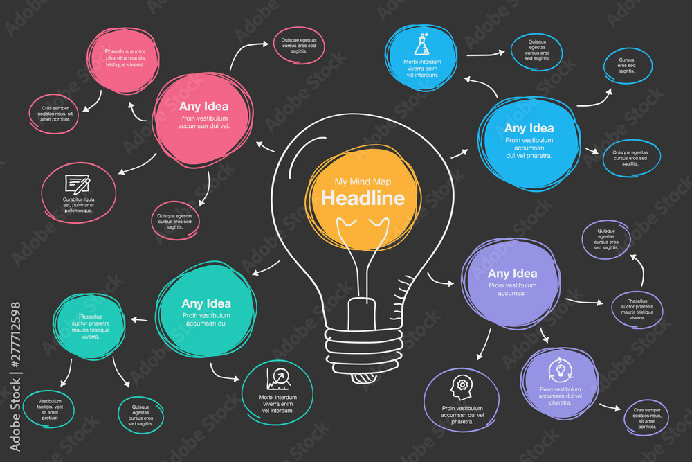 Poster Hand drawn infographic for mind map visualization template with light bulb as a main symbol, colorful circles and icons - dark version. Easy to use for your design or presentation.