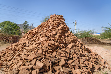 Indian people make manual clay bricks in Ajmer. India
