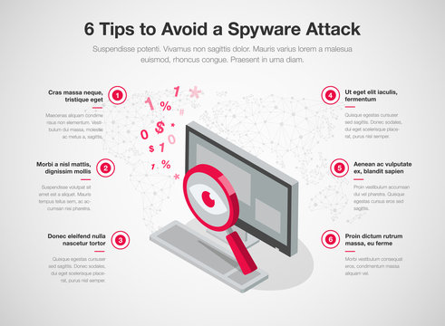 Simple infographic template for 6 tips to avoid a spyware attack, isolated on light background. Easy to use for your website or presentation.