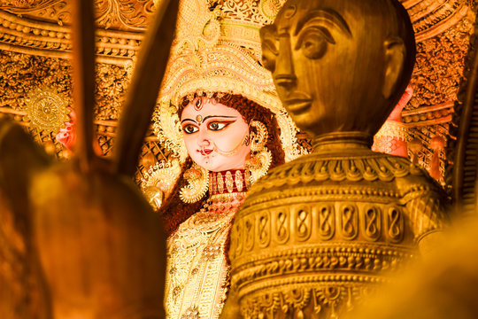 Kolkata West Bengal India October 2018 - Image of goddess devi Maa Durga or Parvati or Uma, wife of Lord Shiva in jewelery and Ceremonial make up during famous Durga Puja (Durgotsava) annual festival.