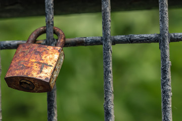 Rusted old locks on railing