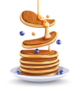 Pancakes with blueberries on the plate. Traditional sweet american breakfast with berries, Isolated on white background, Maple syrup flows at falling pancakes. Eps10 vector illustration.