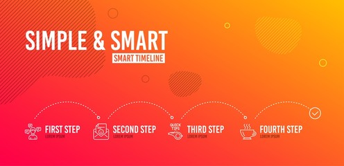 Infographic timeline. Conversation messages, Tutorials and Smile icons simple set. Coffee sign. Communication, Quick tips, Positive mail. Cappuccino. Business set. 4 steps layout. Vector