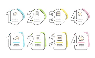 Ssd, Checkbox and Document icons simple set. Call center sign. Memory disk, Approved, Information file. Recall. Business set. Infographic timeline. Line ssd icon. 4 options or steps. Vector