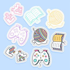 Set of hobby different element stickers, pins, patches and handwritten collection in cartoon style. Funny greetings for clothes, card, badge, icon, postcard, banner, tag, stickers, print