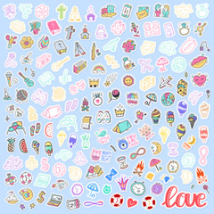 Fototapeta na wymiar Mega Set of different element stickers, love, religion, travel patches and handwritten collection in cartoon style. Funny greetings for clothes, card, badge, icon, postcard, banner, tag, print