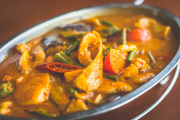 Curry Assam Fish slice with eggplant brinjal okra lady's fingers long beans snap beans