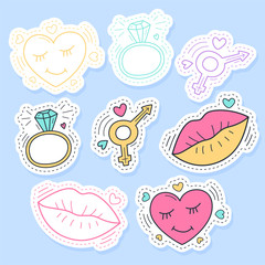 Set of love stickers, pins, patches and handwritten collection in cartoon style. Funny greetings for clothes, card, badge, icon, postcard, banner, tag, stickers, print