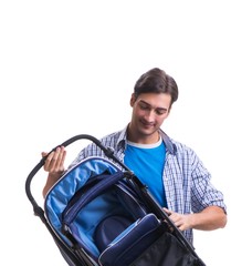Young dad with child pram isolated on white