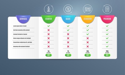 Reject web, Manager and No parking icons simple set. Comparison table. Star sign. No internet, Work profit, Car park. Phone feedback. Business set. Pricing plan. Compare products. Vector