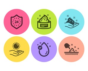 Sun protection, Vitamin e and 24 hours icons simple set. Skin cream, Skin care signs. Ultraviolet care, Oil drop. Beauty set. Flat sun protection icon. Circle button. Vector
