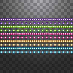 Various LED stripes on transparent background, glowing LED garlands. Set of pink, yellow, purple, blue, green glowing decorative tapes of diode ecological lamps light effect for banners, web-sites.