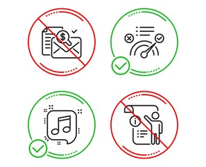 Do or Stop. Musical note, Accounting report and Correct answer icons simple set. Manual doc sign. Speech bubble, Check finance, Approved. Project info. Education set. Line musical note do icon