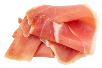Italian prosciutto crudo or jamon. Raw ham. Isolated on white background