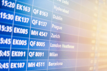 Fototapeta premium Close-up of the flight arrival board in an airport, display flight board backgrounds. Concept of travel lifestyle destinations worldwide. Departure and arrivals terminal gates 
