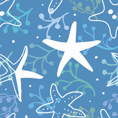 Blue vector repeat pattern with seaweed, wave and bubble. Underwater beach pattern. Surface pattern design.
