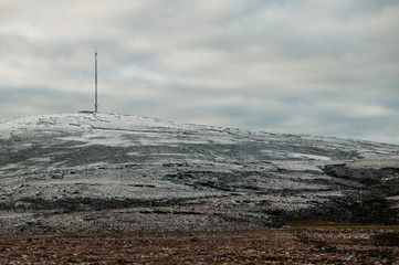 Transmitter mast and snow at Kippure mountain, Wicklow, Ireland