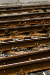 Fototapeta premium Closeup of iron railway tracks and sleepers
