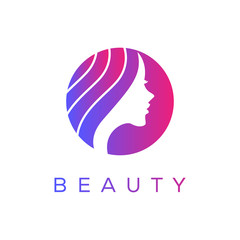 Beauty woman face with long hair logo design template.