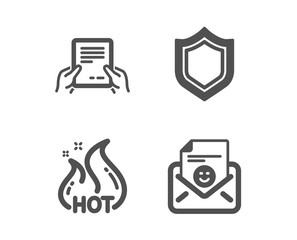 Set of Receive file, Hot sale and Security icons. Smile sign. Hold document, Shopping flame, Protection shield. Positive mail.  Classic design receive file icon. Flat design. Vector