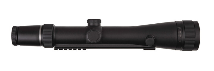 modern black optical scope for weapon isolated on whited. sight scope isolated on white back.