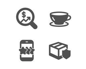 Set of Star, Espresso and Currency audit icons. Delivery insurance sign. Phone feedback, Coffee cup, Money chart. Parcel protection.  Classic design star icon. Flat design. Vector