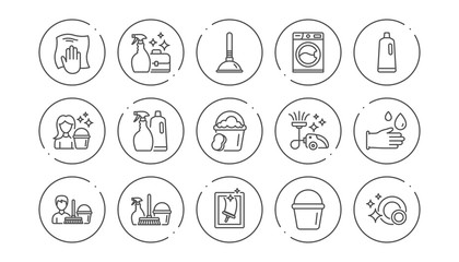 Cleaning line icons. Laundry, Window sponge and Vacuum cleaner. Washing machine linear icon set. Line buttons with icon. Editable stroke. Vector