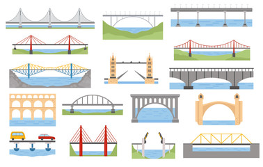 Types of bridges set. Color graphic design, infographic elements