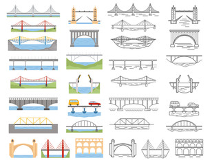 Types of bridges set. Color and linear graphic design, infographic elements - obrazy, fototapety, plakaty