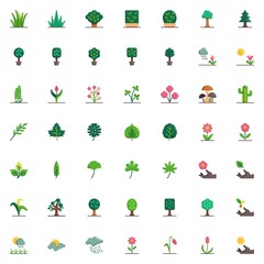 Fototapeta na wymiar Nature plants elements collection, Leaves flat icons set, Colorful symbols pack contains - potted flowers, exotic tropical tree leaves, grass, bush, shrub. Vector illustration. Flat style design