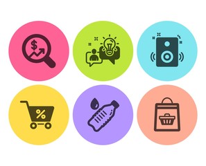Speakers, Idea and Water bottle icons simple set. Currency audit, Special offer and Online buying signs. Sound, Solution. Business set. Flat speakers icon. Circle button. Vector