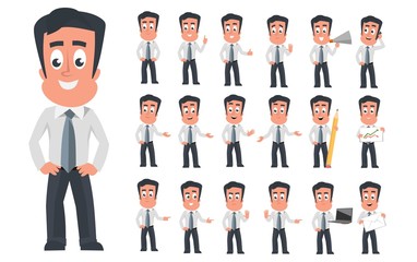 Modern business man character with different facial emotions and poses. Cartoon business character icon set isolated on white background. Vector business man in flat style.